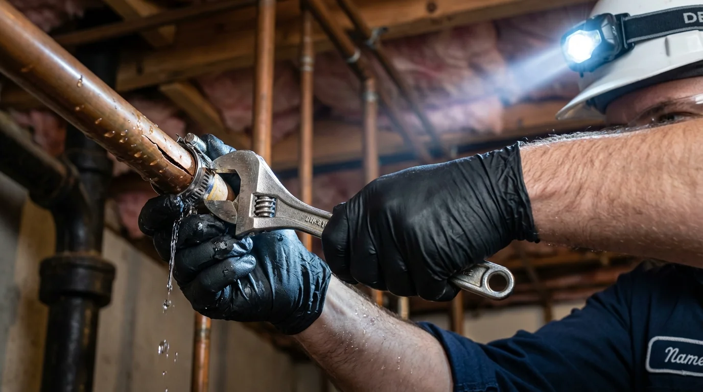 Emergency pipe clamp repair being performed by a Johns Plumbing LLC plumber in Ripon