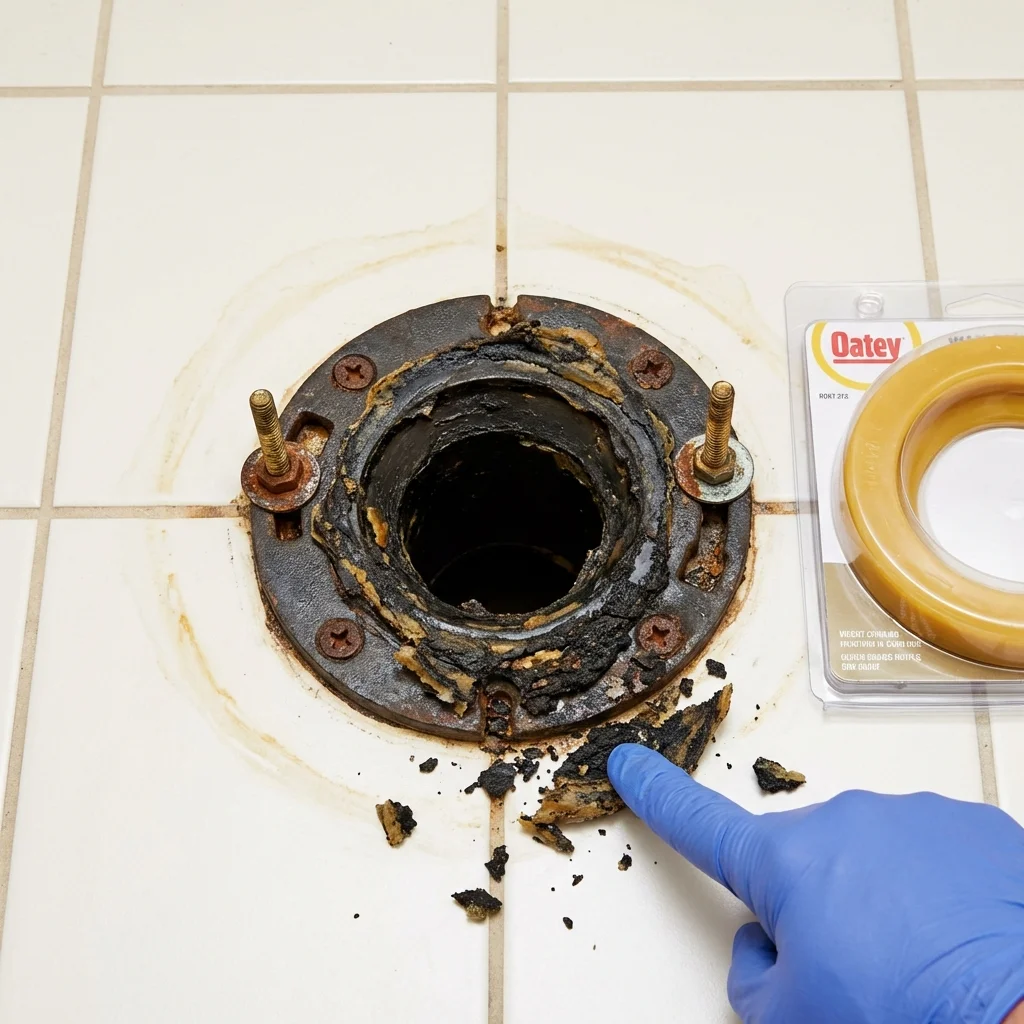 Failed wax ring showing water seepage at the base of a toilet in a Ripon, WI home