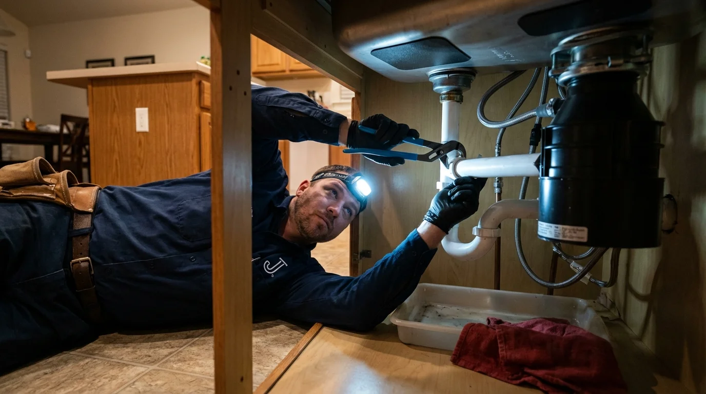 P-trap and supply line connections under a kitchen sink showing a common leak point in Ripon, WI